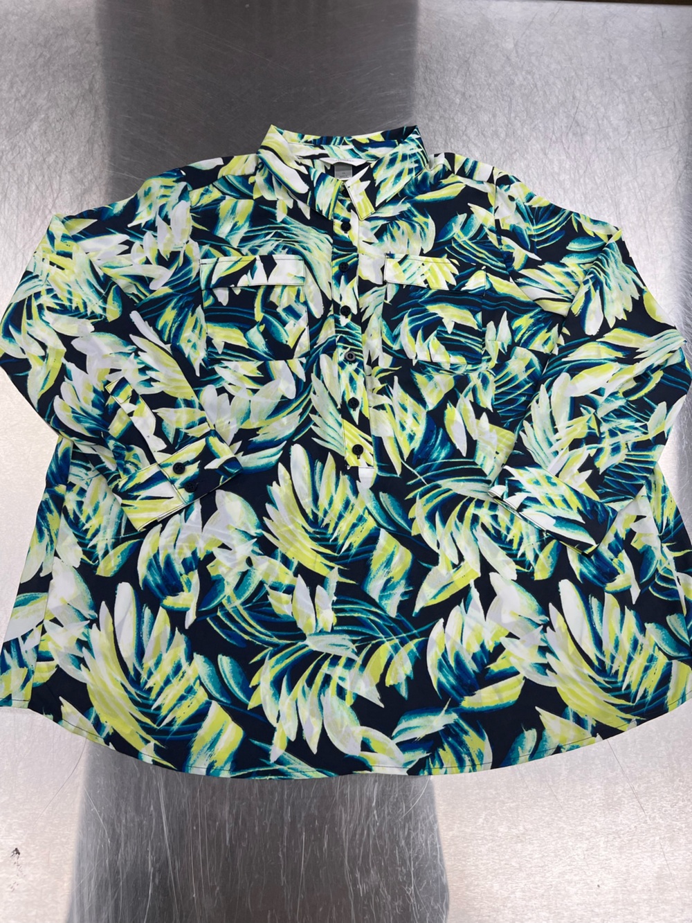 CJ Banks Navy, Green & White Tropical Leaf Print Button Up Women’s 1X